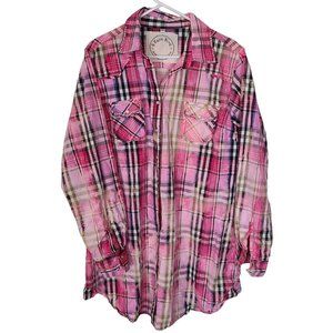 A Rare Bird Womens M/L Pink Plaid Rhinestones Snap Western Shirt Dress Pockets
